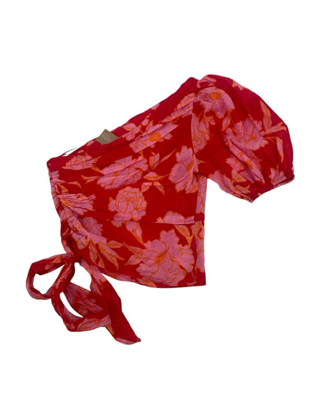 Vestique Size M Red Bryce One Shoulder Top Puff Sleeve Bow Tie Wrap Olivaceous - Picture 2 of 11